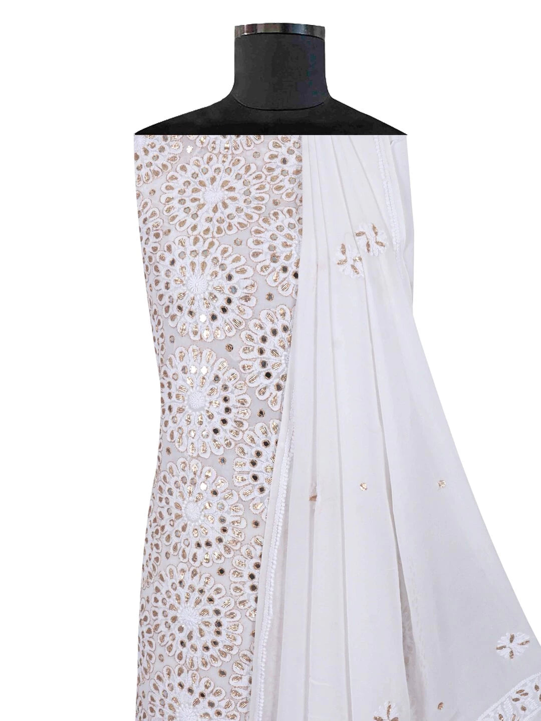 Ada Hand Embroidered White Georgette Lucknowi Chikankari Unstitched Kurta Dupatta Set With Gota Patti Work 01A189137