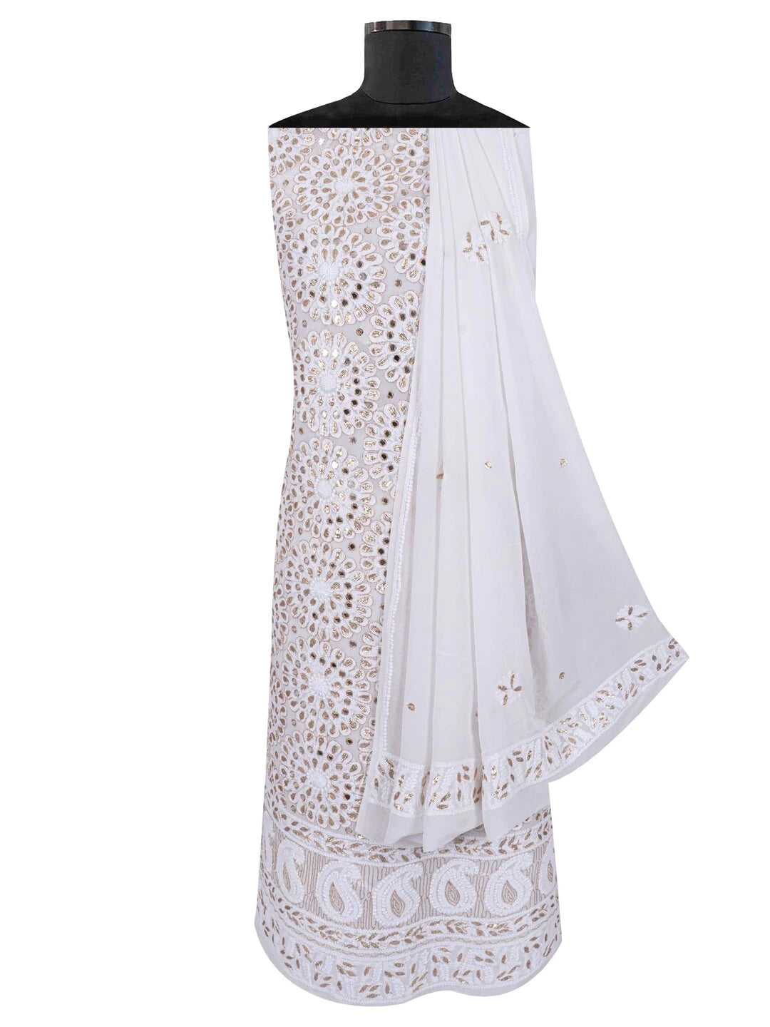 Ada Hand Embroidered White Georgette Lucknowi Chikankari Unstitched Kurta Dupatta Set With Gota Patti Work 01A189137