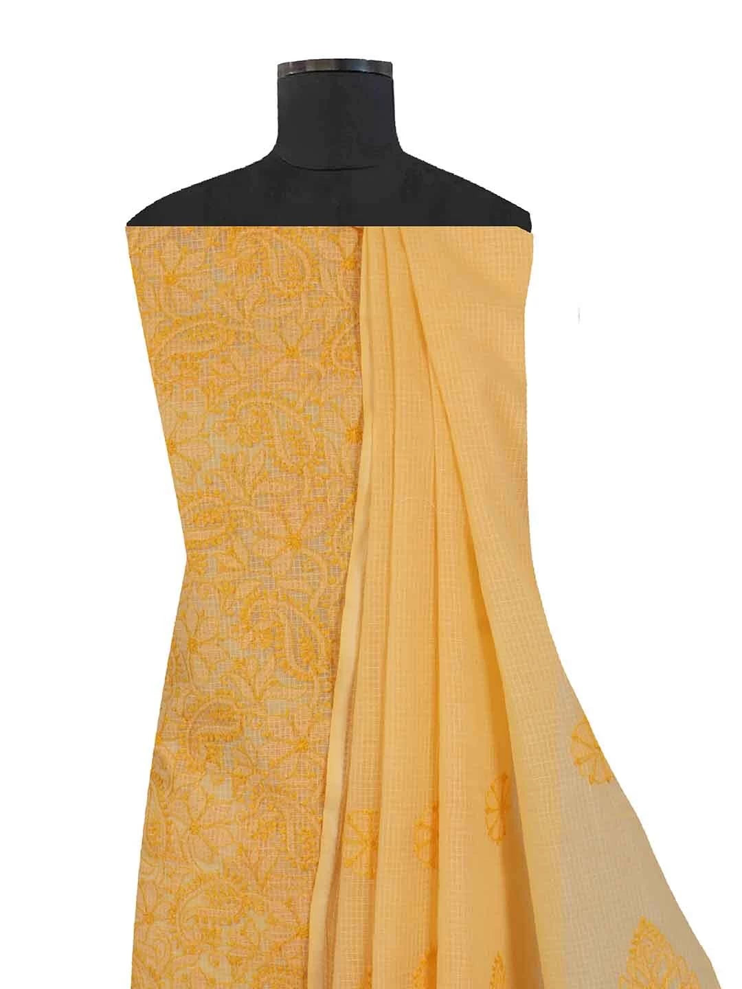 Ada Hand Embroidered Yellow Kota Lucknowi Chikankari Unstitched Kurta Dupatta Set 01A211007