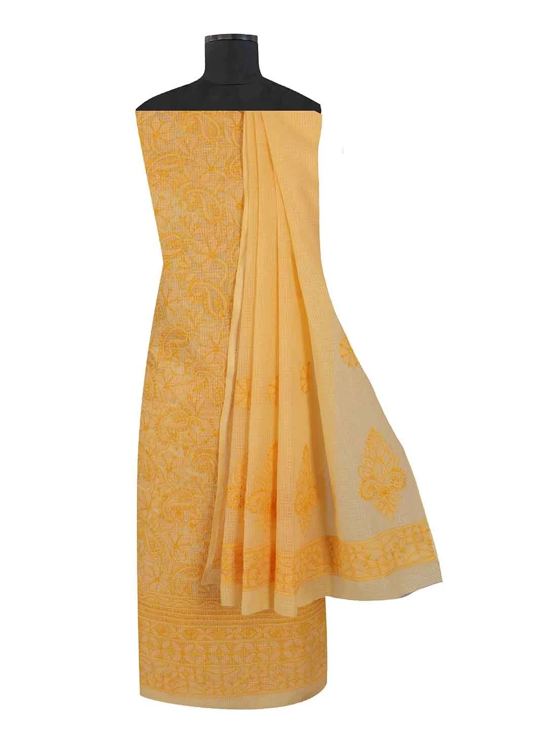 Ada Hand Embroidered Yellow Kota Lucknowi Chikankari Unstitched Kurta Dupatta Set 01A211007