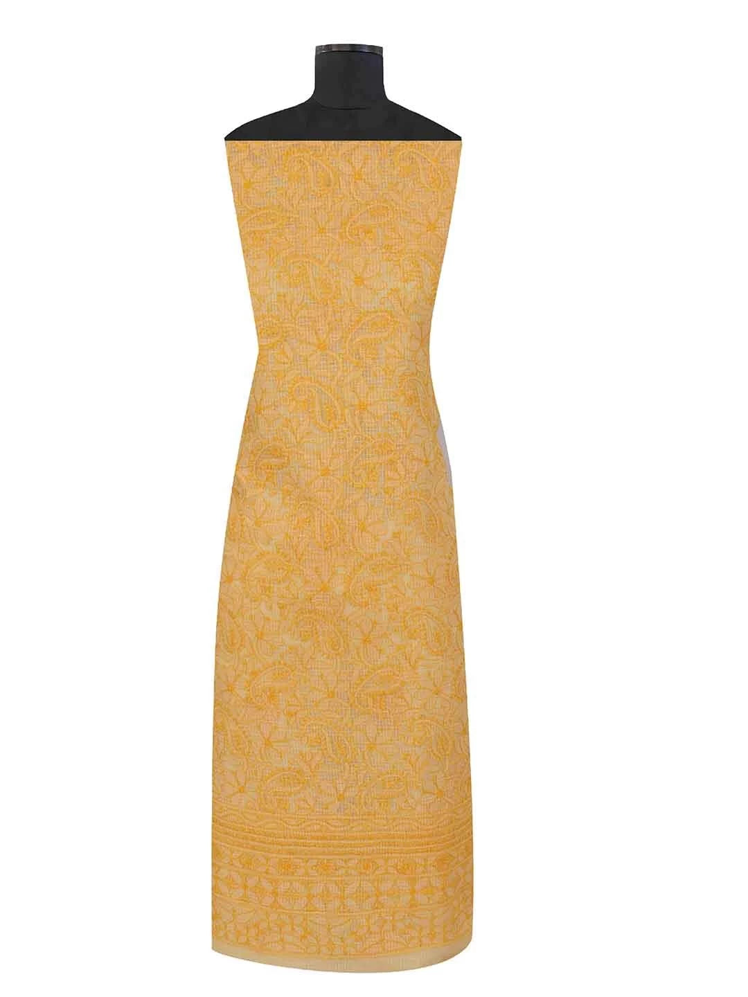 Ada Hand Embroidered Yellow Kota Lucknowi Chikankari Unstitched Kurta Dupatta Set 01A211007