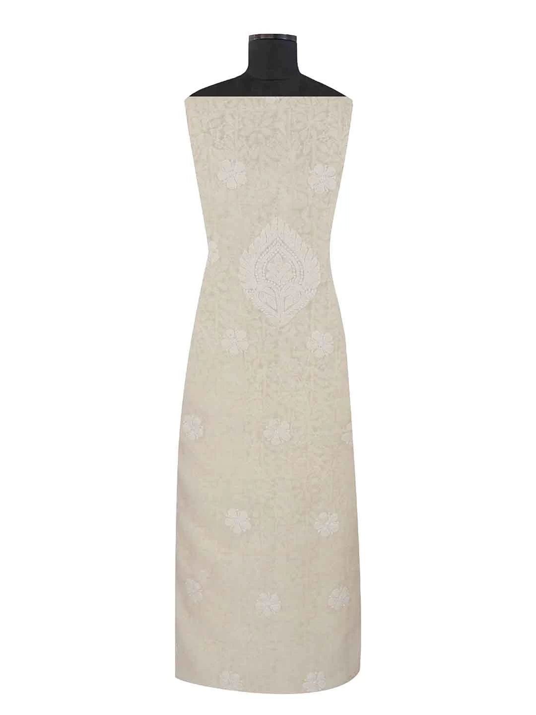 Ada Hand Embroidered Light Fawn Chanderi Lucknowi Chikankari Unstitched Kurta Dupatta Set 01A84042