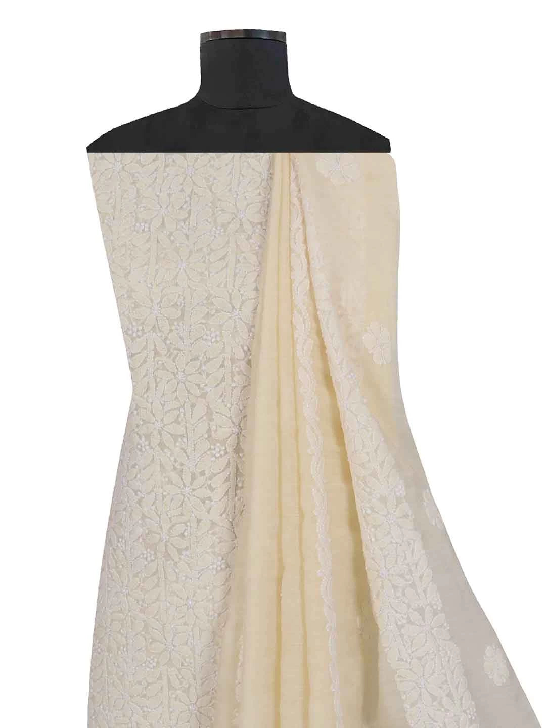 Ada Hand Embroidered Light Fawn Chanderi Lucknowi Chikankari Unstitched Kurta Dupatta Set 01A84042