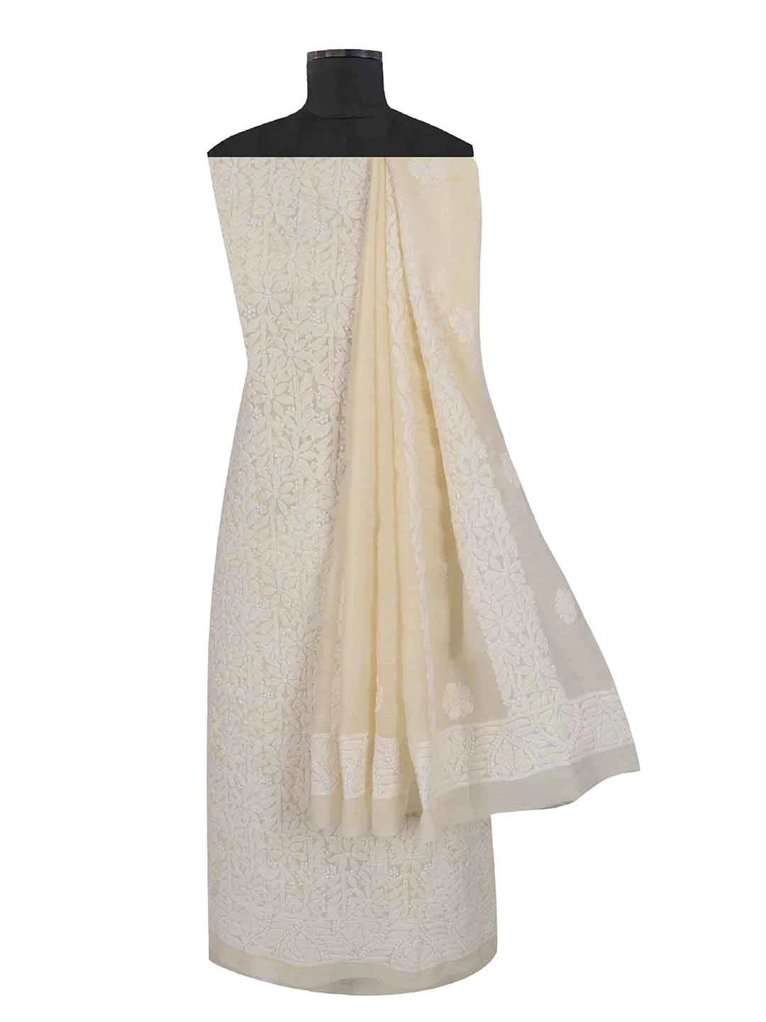 Ada Hand Embroidered Light Fawn Chanderi Lucknowi Chikankari Unstitched Kurta Dupatta Set 01A84042