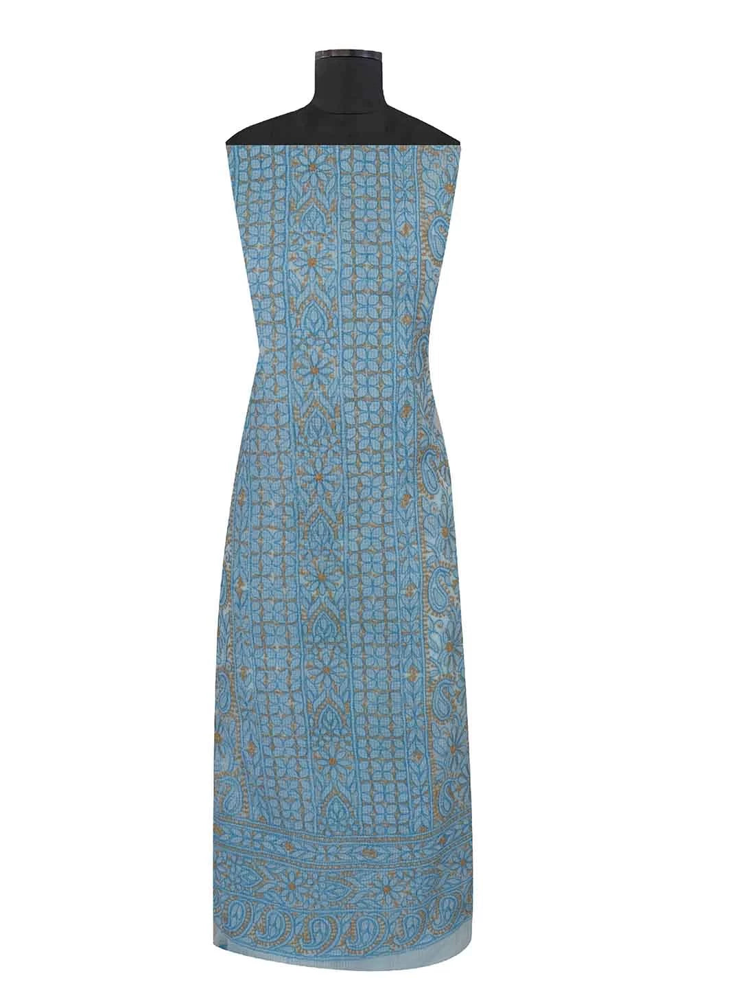 Ada Hand Embroidered Sky Blue Kota Lucknowi Chikankari Unstitched Kurta Dupatta Set 01A219585