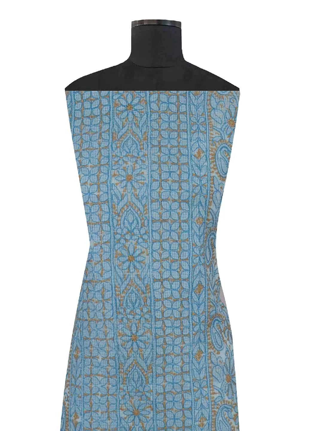 Ada Hand Embroidered Sky Blue Kota Lucknowi Chikankari Unstitched Kurta Dupatta Set 01A219585