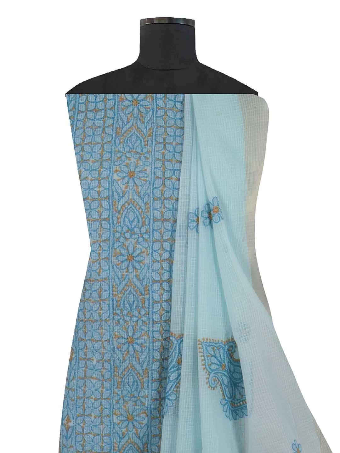 Ada Hand Embroidered Sky Blue Kota Lucknowi Chikankari Unstitched Kurta Dupatta Set 01A219585