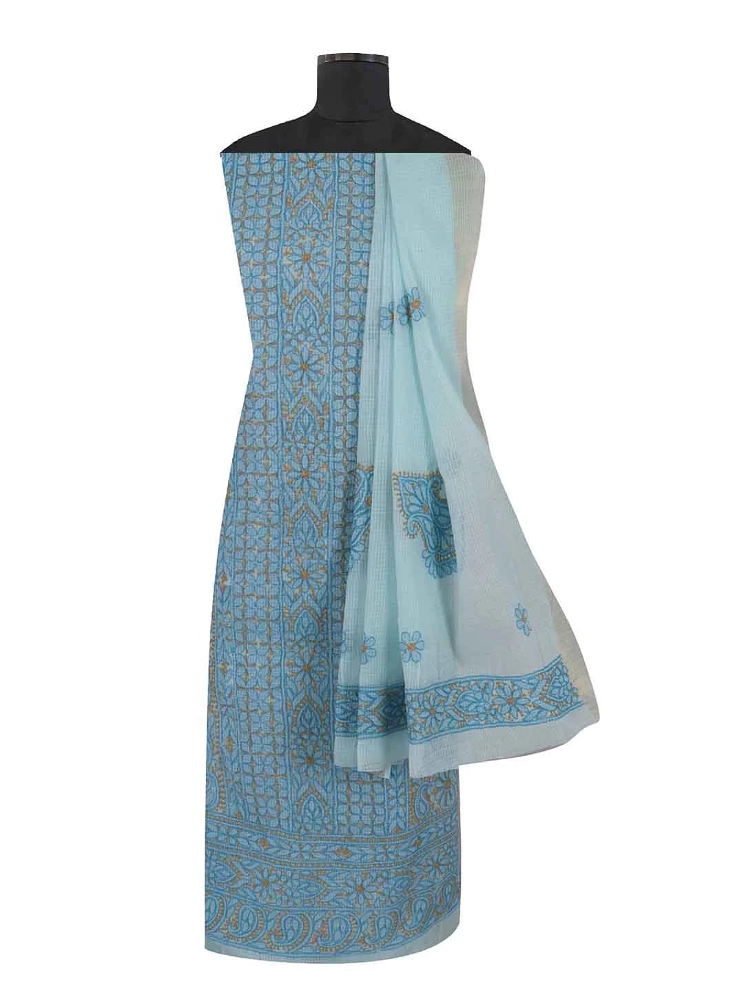 Ada Hand Embroidered Sky Blue Kota Lucknowi Chikankari Unstitched Kurta Dupatta Set 01A219585
