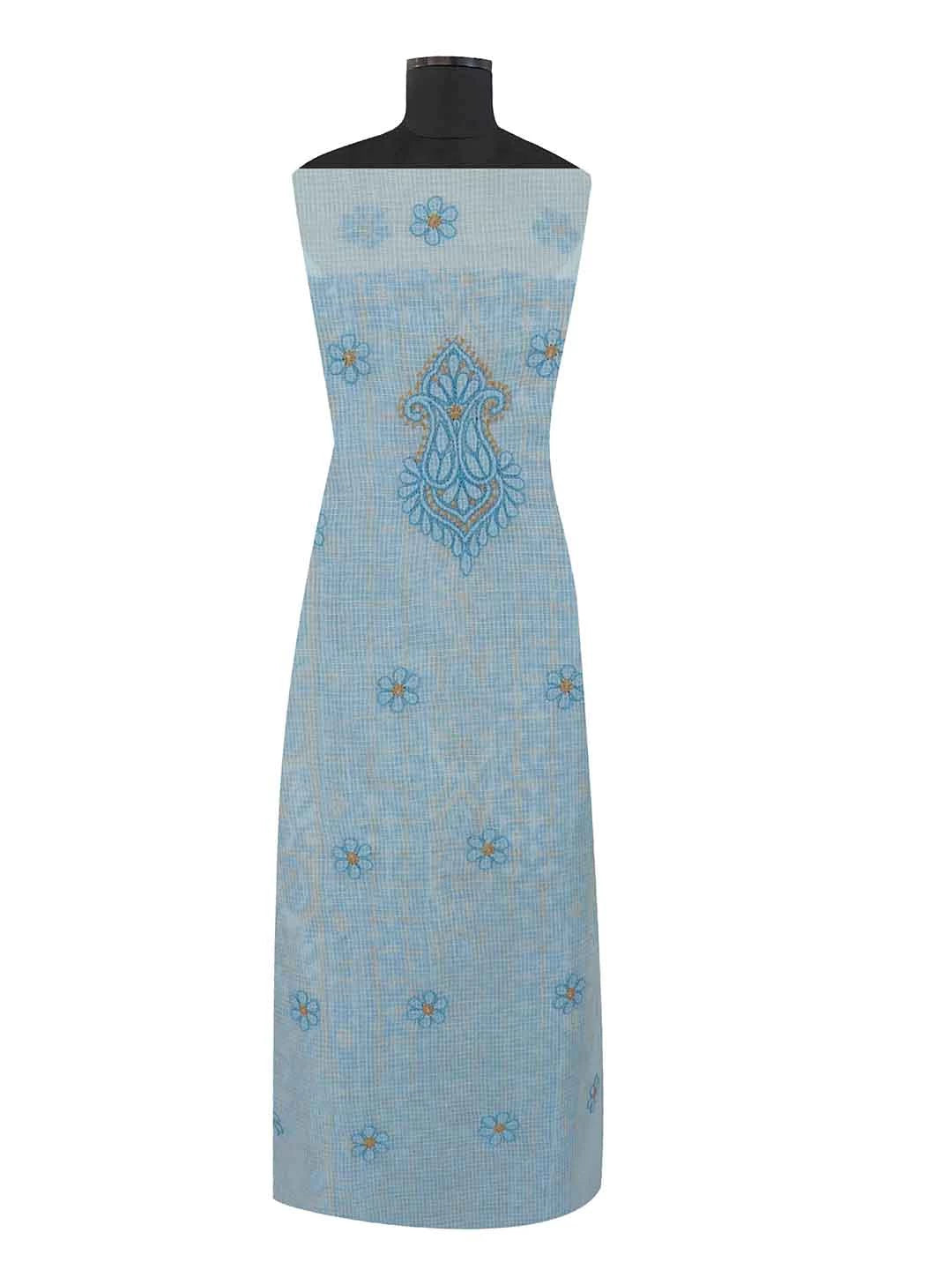 Ada Hand Embroidered Sky Blue Kota Lucknowi Chikankari Unstitched Kurta Dupatta Set 01A219585