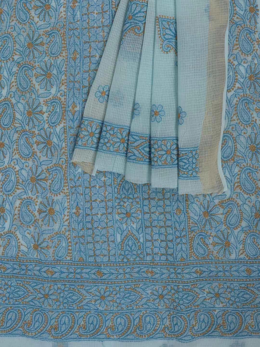 Ada Hand Embroidered Sky Blue Kota Lucknowi Chikankari Unstitched Kurta Dupatta Set 01A219585