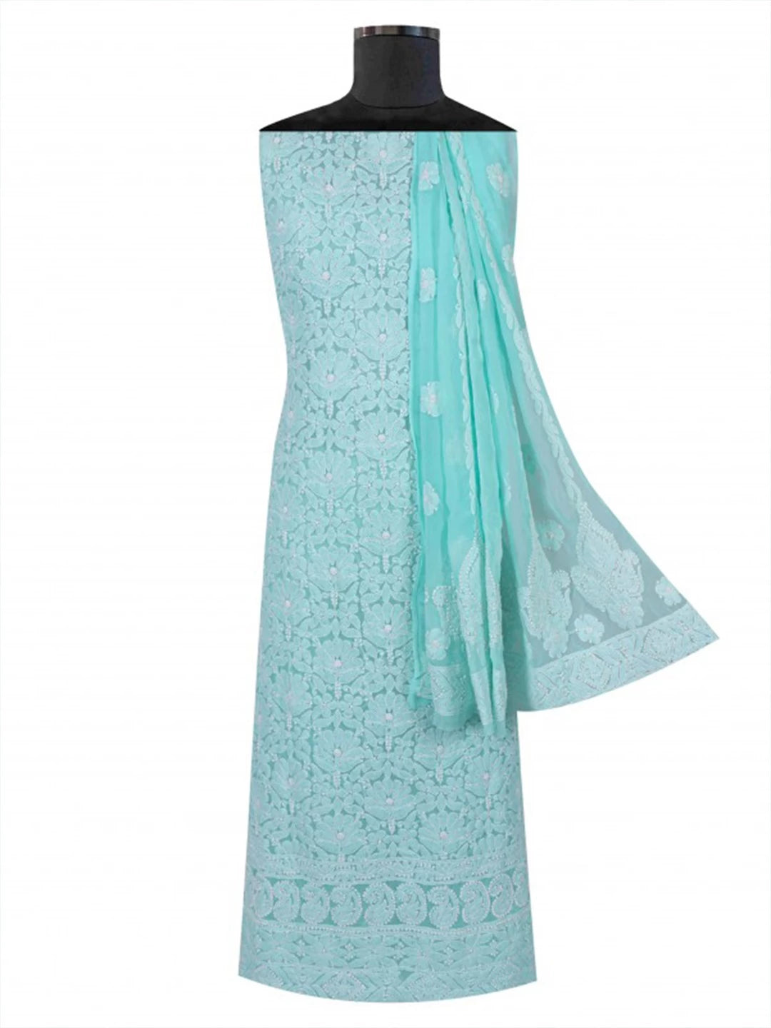 Ada Hand Embroidered Sea Green Georgette Lucknowi Chikankari Unstitched Kurta dupatta Set 01A204234