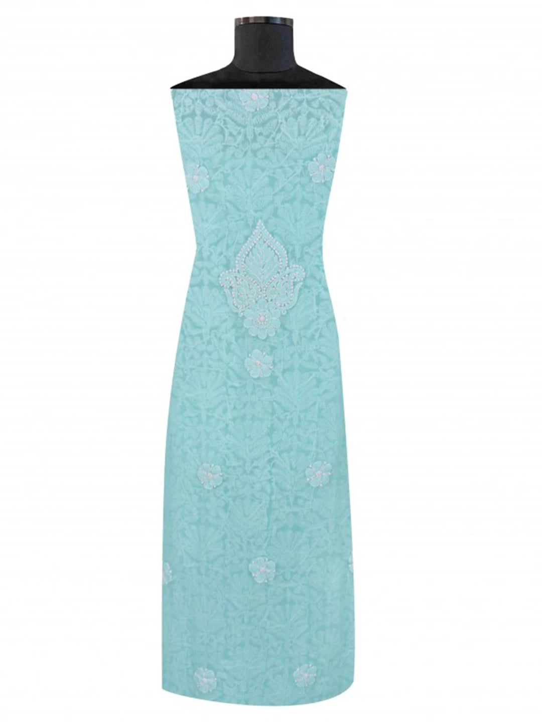 Ada Hand Embroidered Sea Green Georgette Lucknowi Chikankari Unstitched Kurta dupatta Set 01A204234