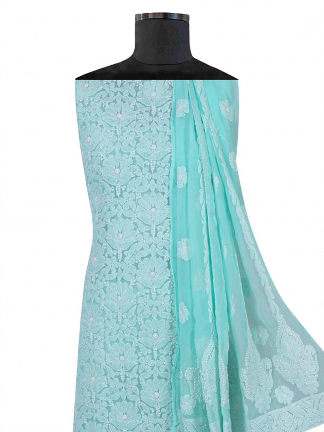 Ada Hand Embroidered Sea Green Georgette Lucknowi Chikankari Unstitched Kurta dupatta Set 01A204234