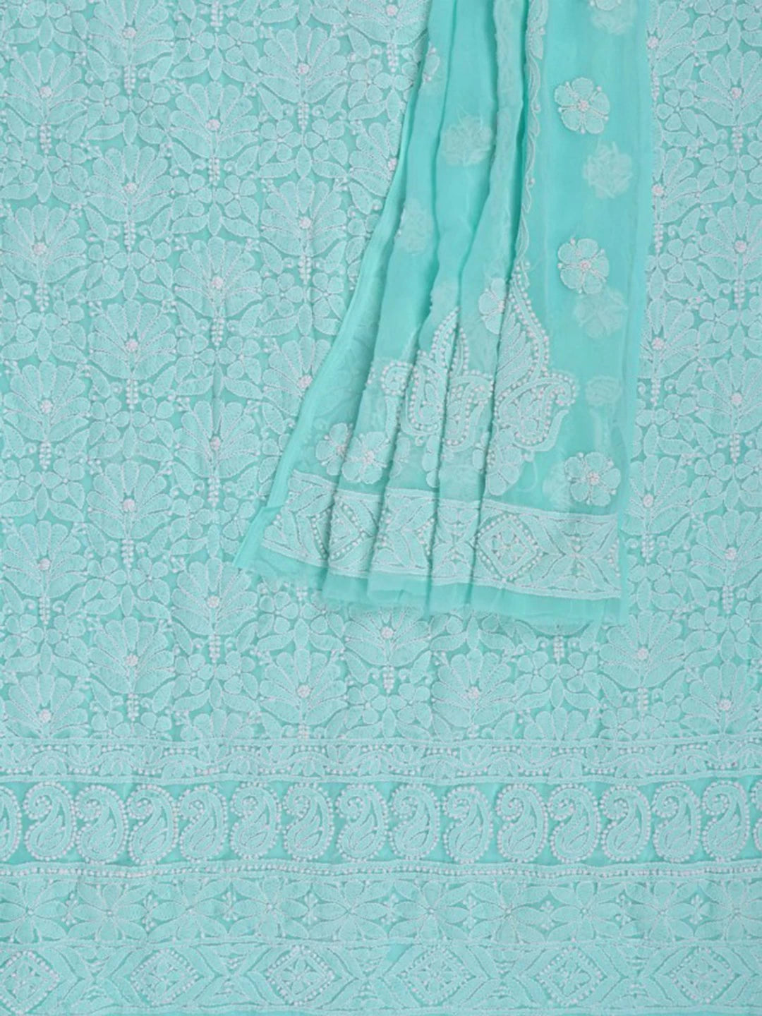 Ada Hand Embroidered Sea Green Georgette Lucknowi Chikankari Unstitched Kurta dupatta Set 01A204234