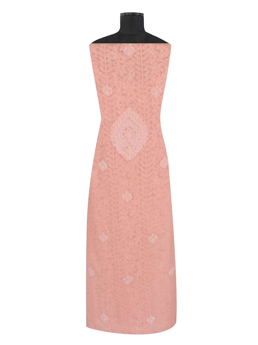 Ada Hand Embroidered Peach Georgette Lucknowi Chikankari Unstitched Kurta Dupatta Set 01A89416