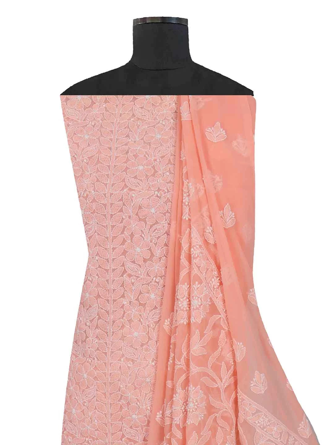 Ada Hand Embroidered Peach Georgette Lucknowi Chikankari Unstitched Kurta Dupatta Set 01A89416