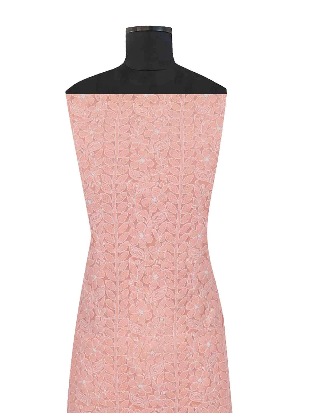 Ada Hand Embroidered Peach Georgette Lucknowi Chikankari Unstitched Kurta Dupatta Set 01A89416