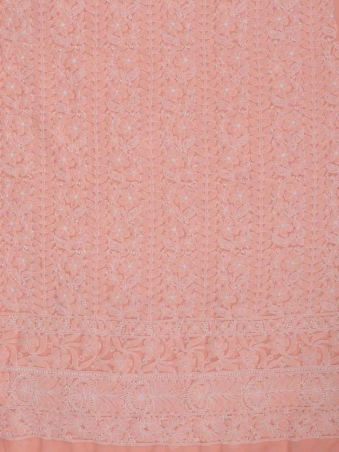 Ada Hand Embroidered Peach Georgette Lucknowi Chikankari Unstitched Kurta Dupatta Set 01A89416