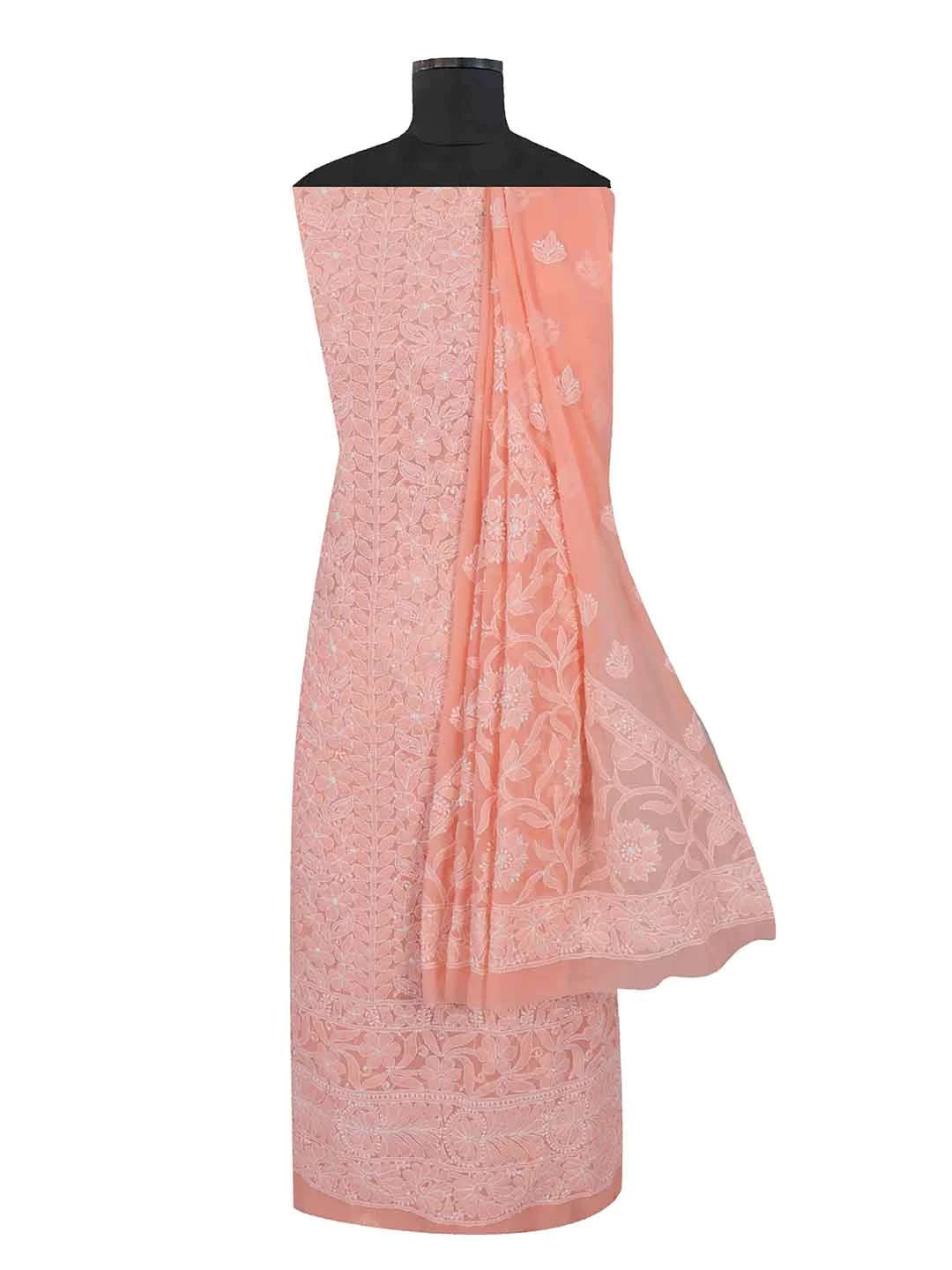 Ada Hand Embroidered Peach Georgette Lucknowi Chikankari Unstitched Kurta Dupatta Set 01A89416