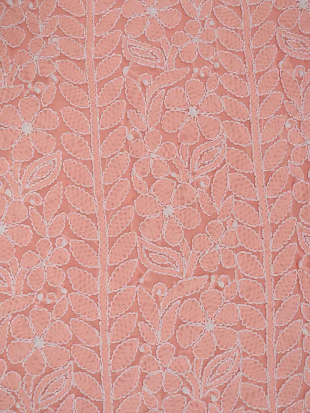 Ada Hand Embroidered Peach Georgette Lucknowi Chikankari Unstitched Kurta Dupatta Set 01A89416