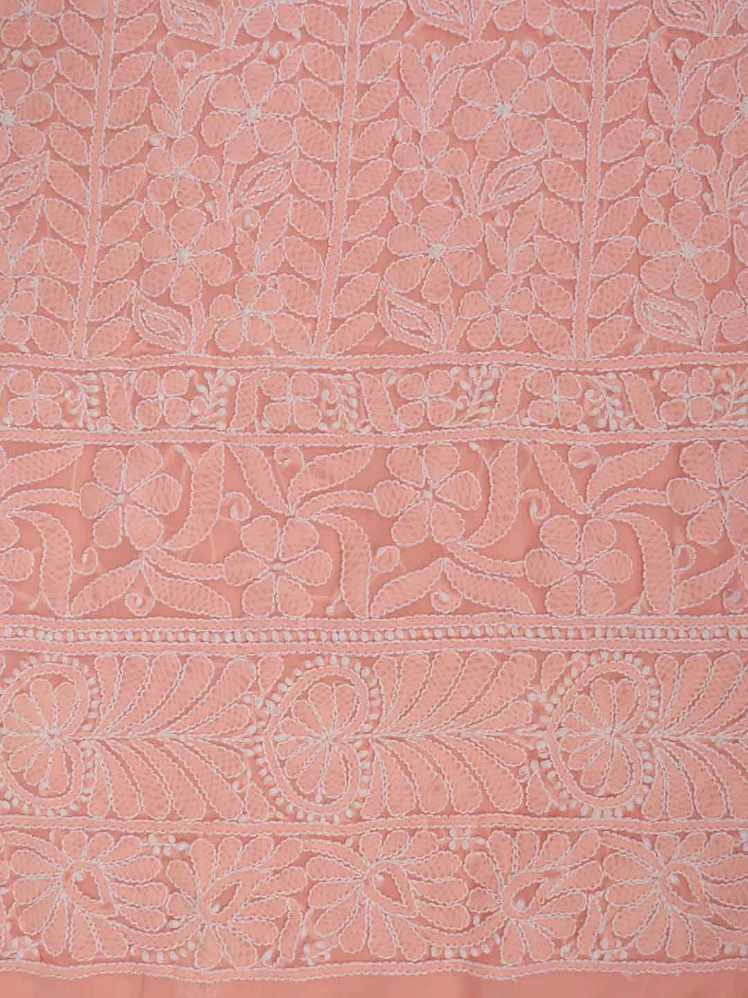 Ada Hand Embroidered Peach Georgette Lucknowi Chikankari Unstitched Kurta Dupatta Set 01A89416