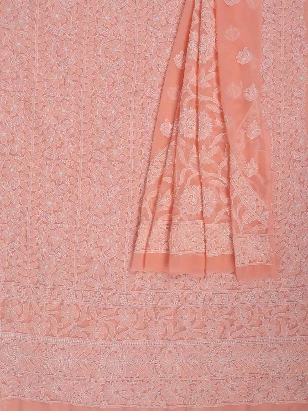 Ada Hand Embroidered Peach Georgette Lucknowi Chikankari Unstitched Kurta Dupatta Set 01A89416