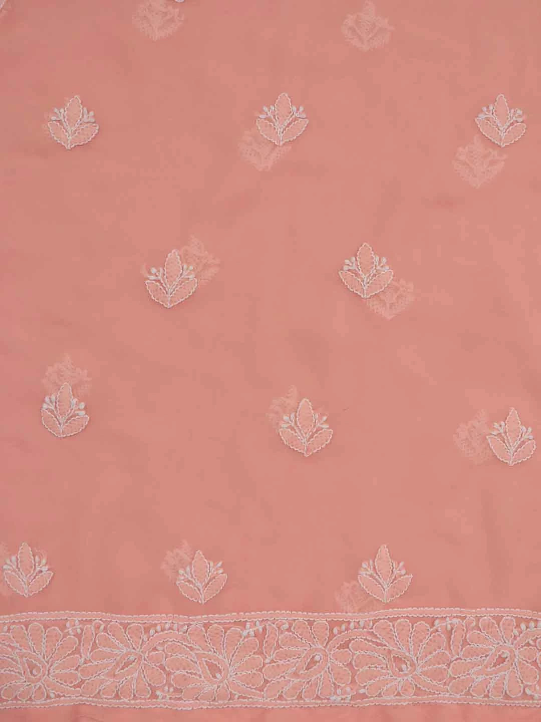 Ada Hand Embroidered Peach Georgette Lucknowi Chikankari Unstitched Kurta Dupatta Set 01A89416