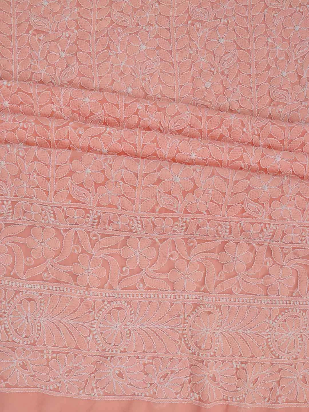 Ada Hand Embroidered Peach Georgette Lucknowi Chikankari Unstitched Kurta Dupatta Set 01A89416