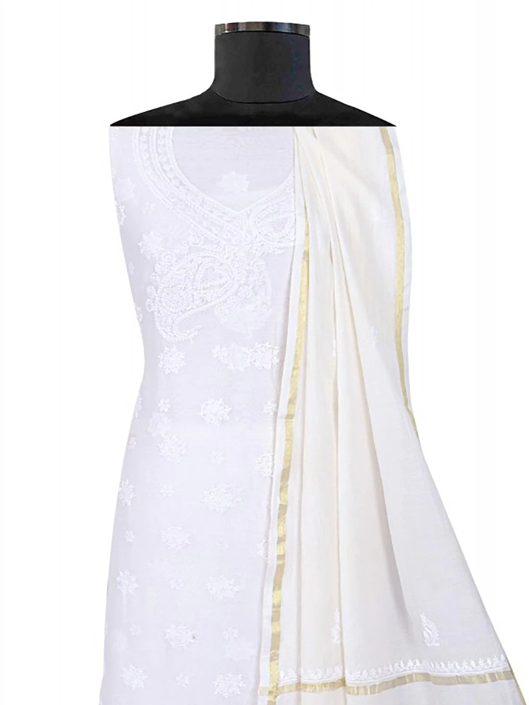 Ada Hand Embroidered White Chanderi Lucknowi Chikankari Unstitched Kurta Dupatta Set A594193