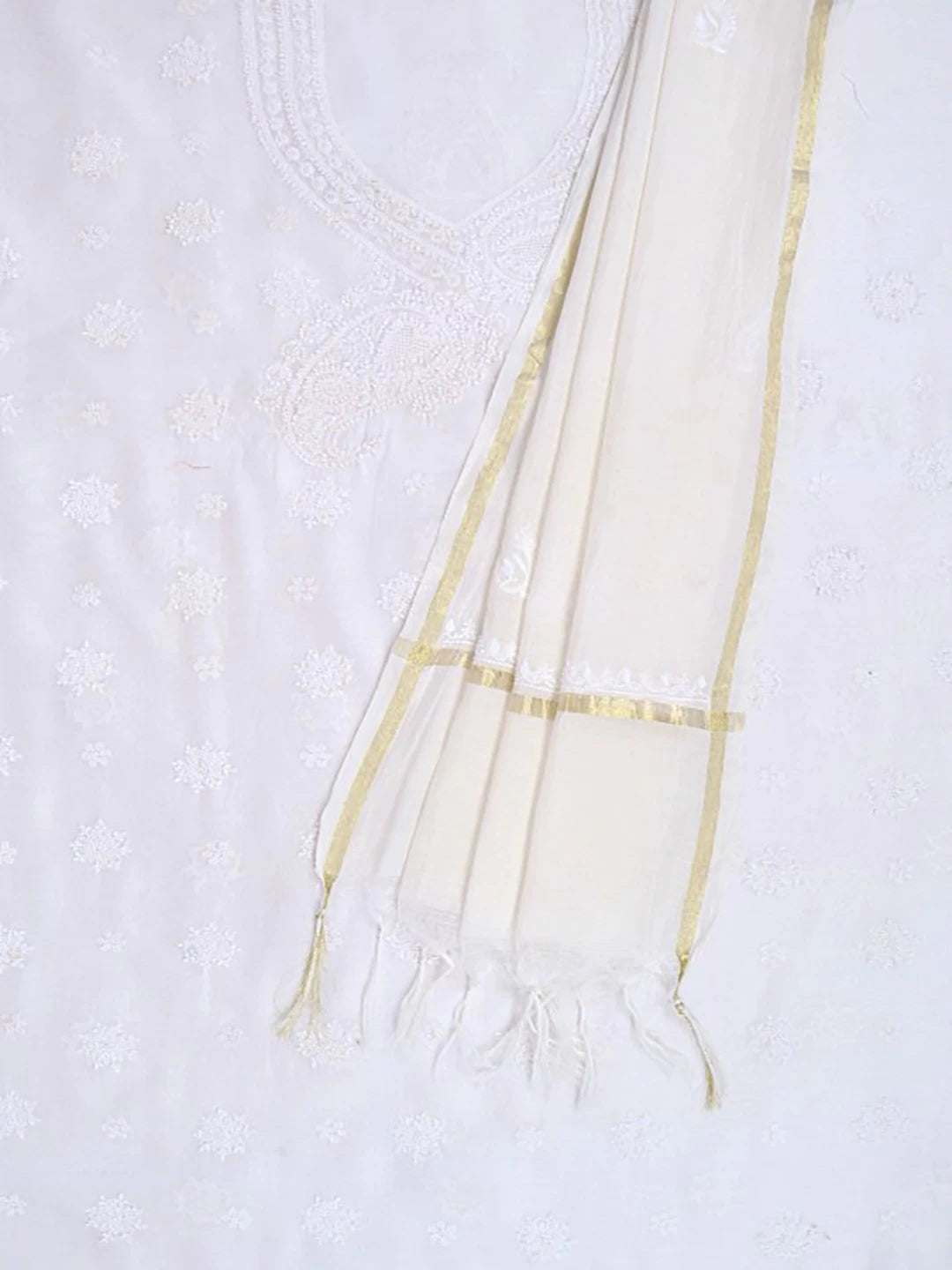 Ada Hand Embroidered White Chanderi Lucknowi Chikankari Unstitched Kurta Dupatta Set A594193