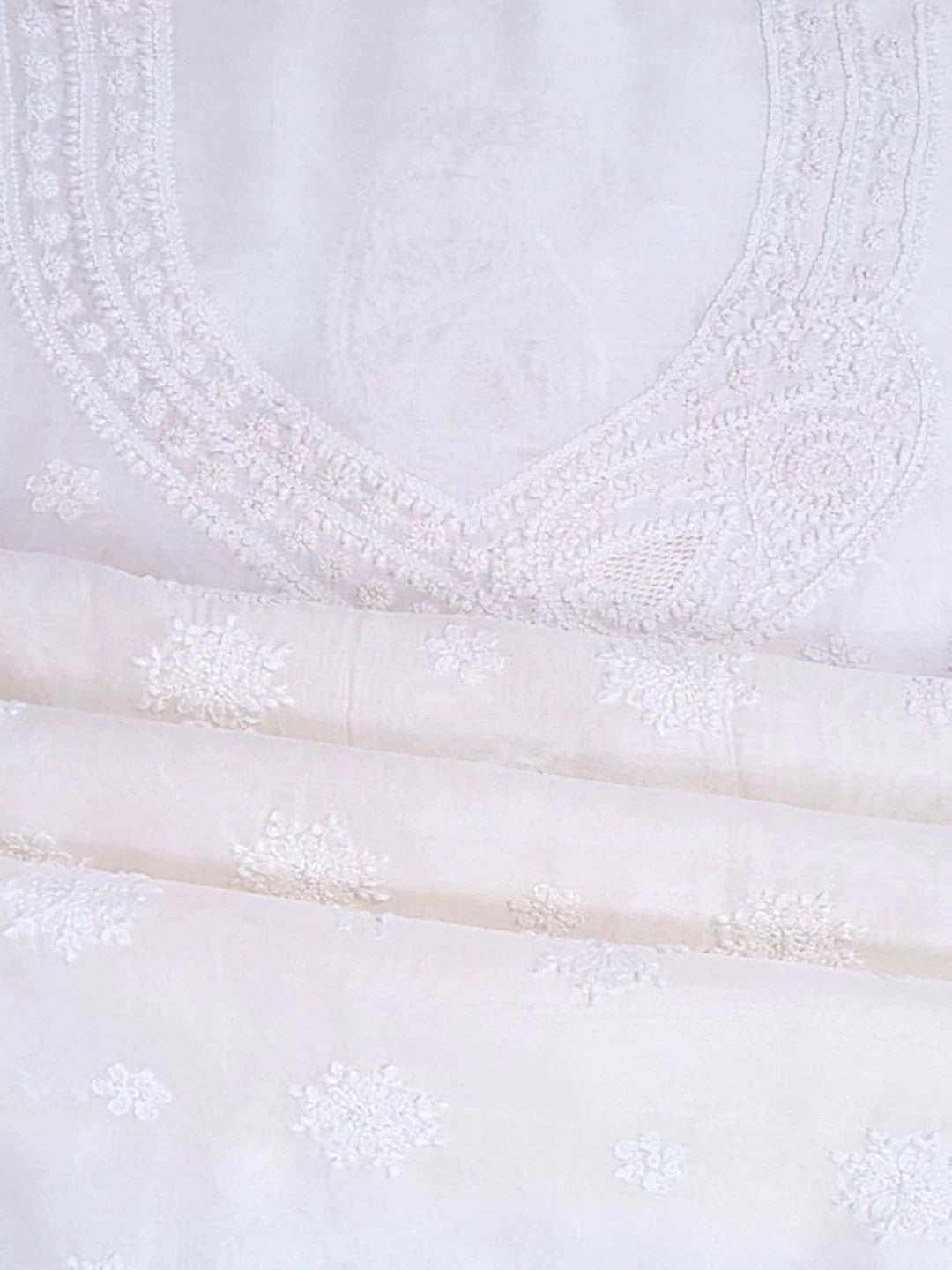 Ada Hand Embroidered White Chanderi Lucknowi Chikankari Unstitched Kurta Dupatta Set A594193