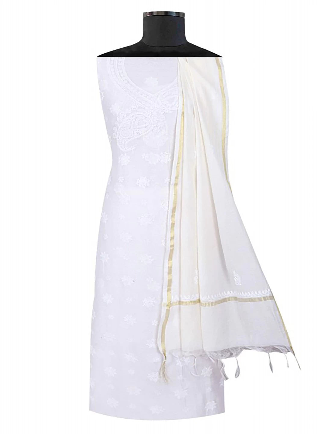 Ada Hand Embroidered White Chanderi Lucknowi Chikankari Unstitched Kurta Dupatta Set A594193