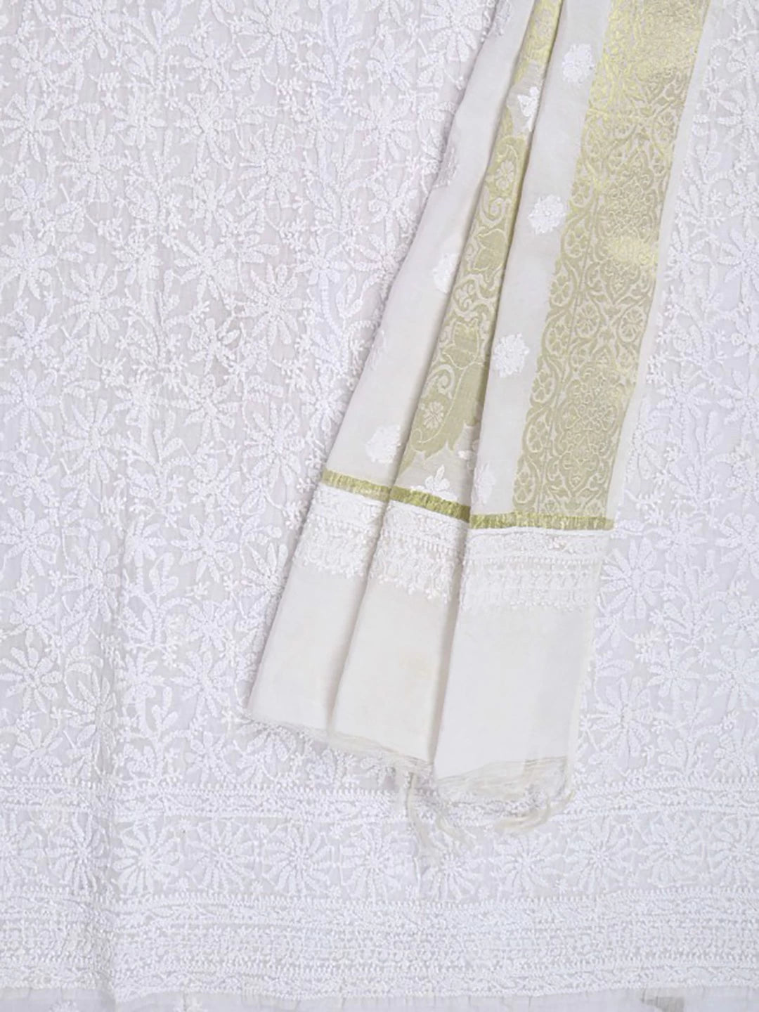 Ada Hand Embroidered White Kota Lucknowi Chikankari Unstitched Kurta Dupatta Set 01A184382