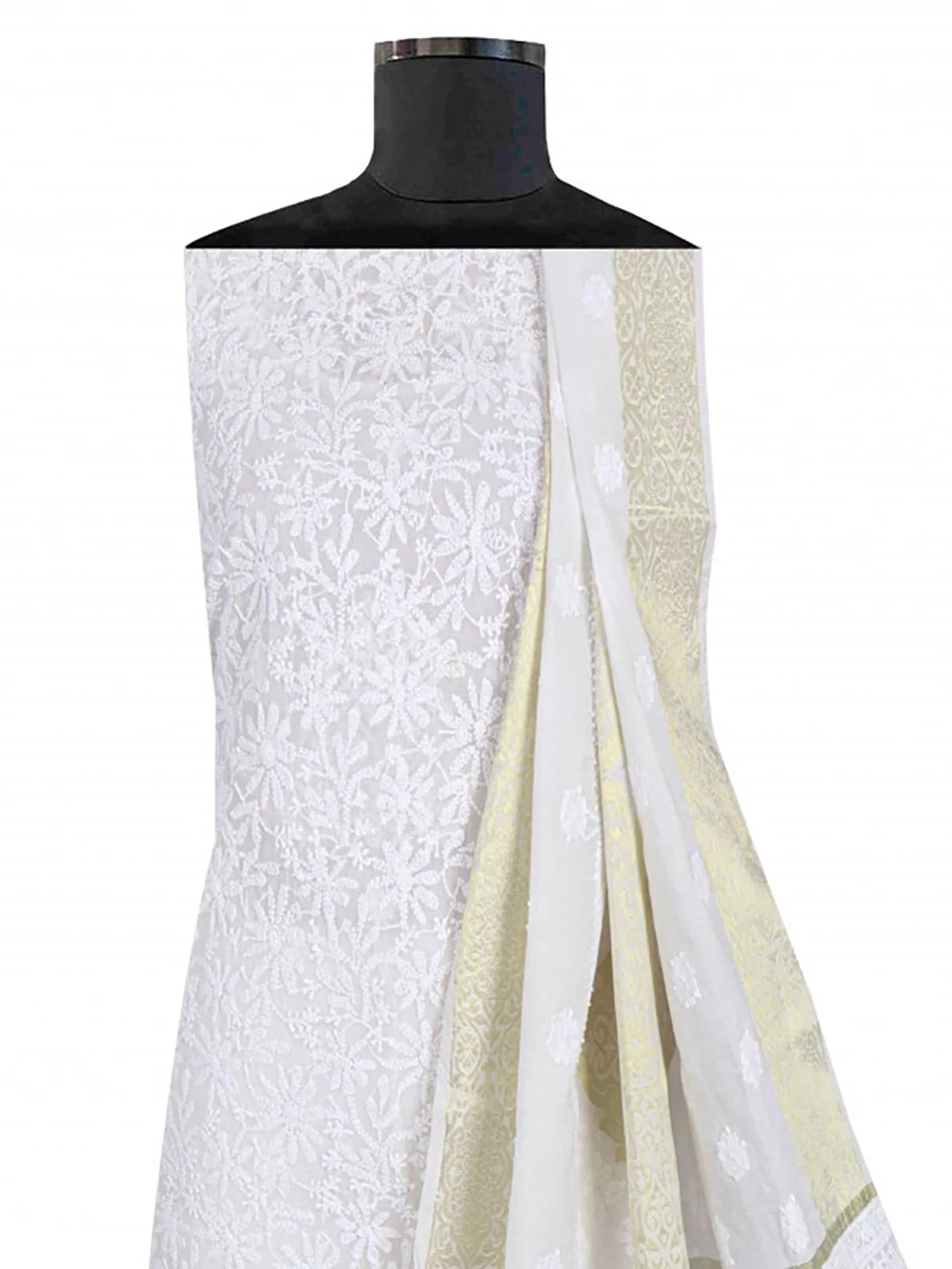 Ada Hand Embroidered White Kota Lucknowi Chikankari Unstitched Kurta Dupatta Set 01A184382