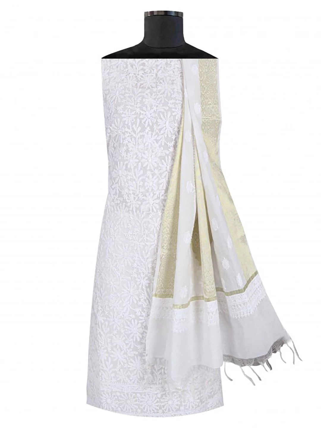 Ada Hand Embroidered White Kota Lucknowi Chikankari Unstitched Kurta Dupatta Set 01A184382