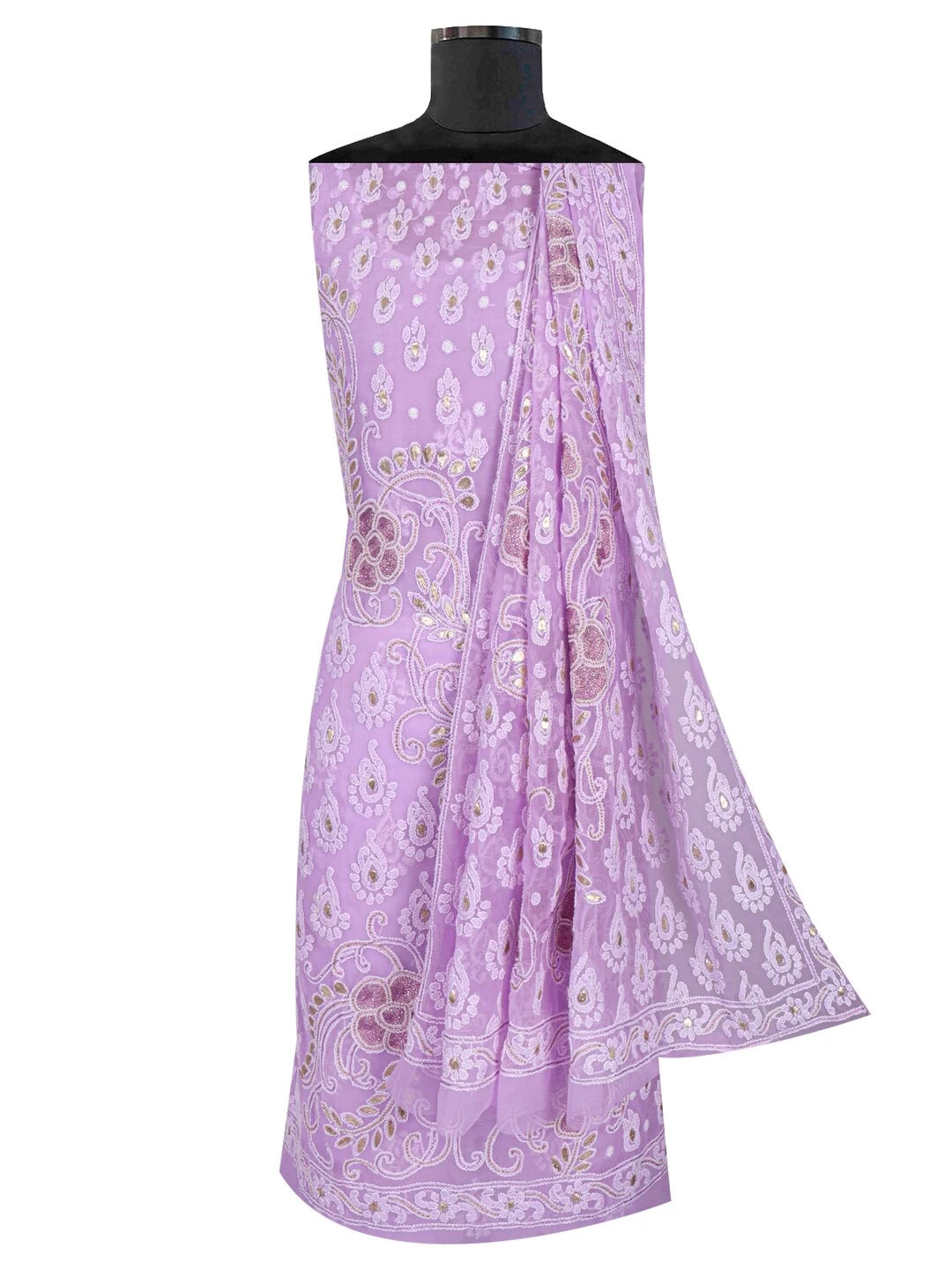 Ada Hand Embroidered Mauve Georgette Lucknowi Chikankari Unstitched Kurta Dupatta Set With Gota Patti Work 01A184259