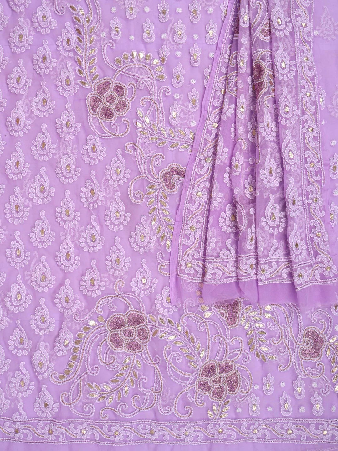 Ada Hand Embroidered Mauve Georgette Lucknowi Chikankari Unstitched Kurta Dupatta Set With Gota Patti Work 01A184259