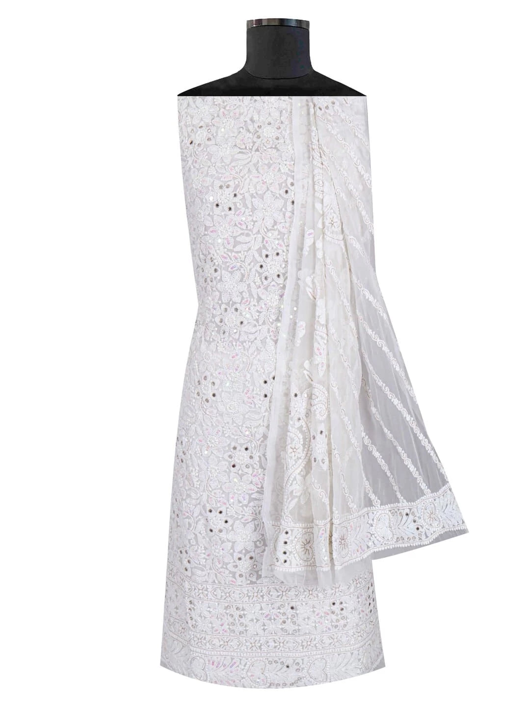 Ada Hand Embroidered White Georgette Lucknowi Chikankari Unstitched Kurta Dupatta Set With Sequinned Work 01A184257