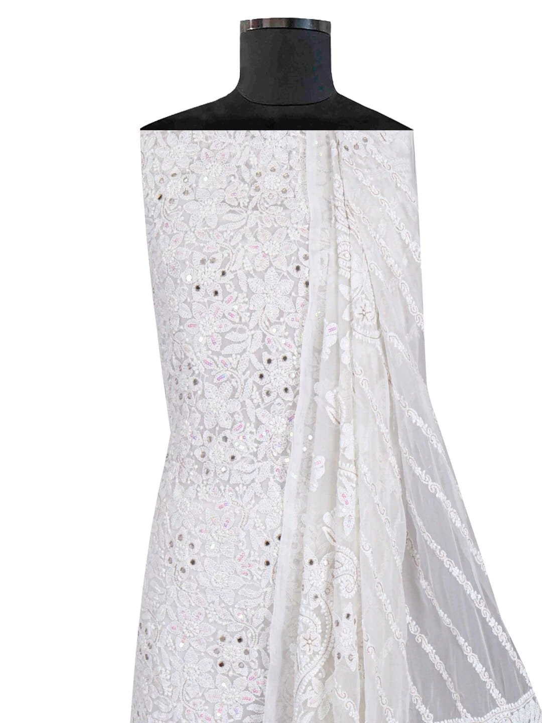 Ada Hand Embroidered White Georgette Lucknowi Chikankari Unstitched Kurta Dupatta Set With Sequinned Work 01A184257