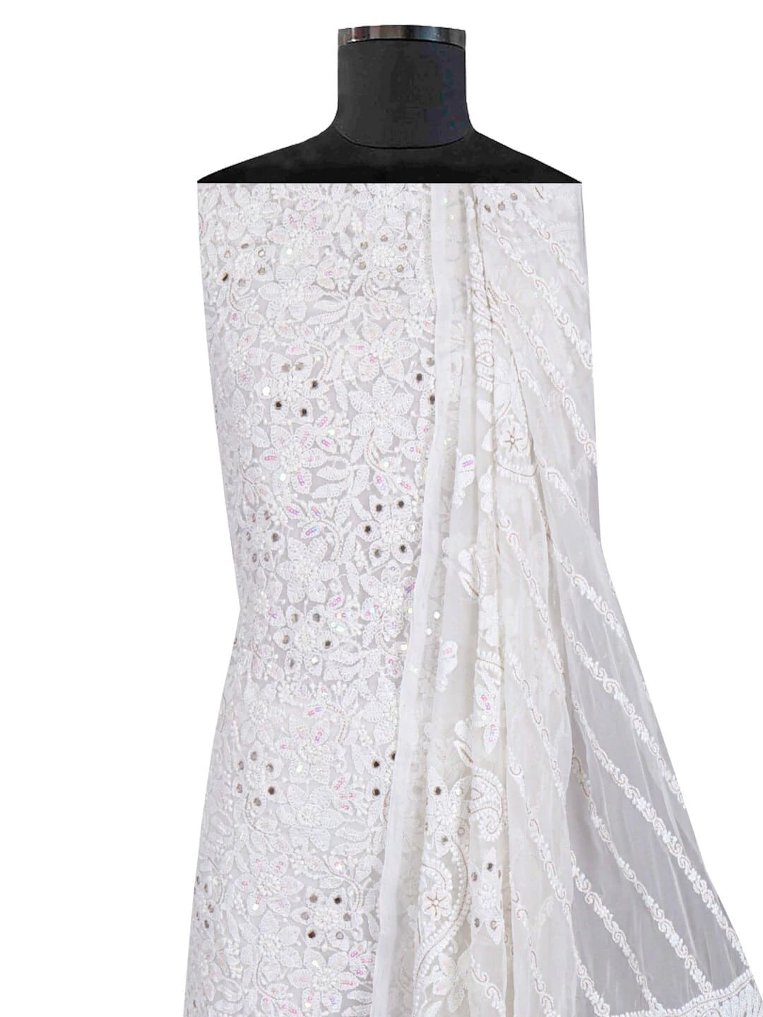 Ada Hand Embroidered White Georgette Lucknowi Chikankari Unstitched Kurta Dupatta Set With Sequinned Work 01A184257