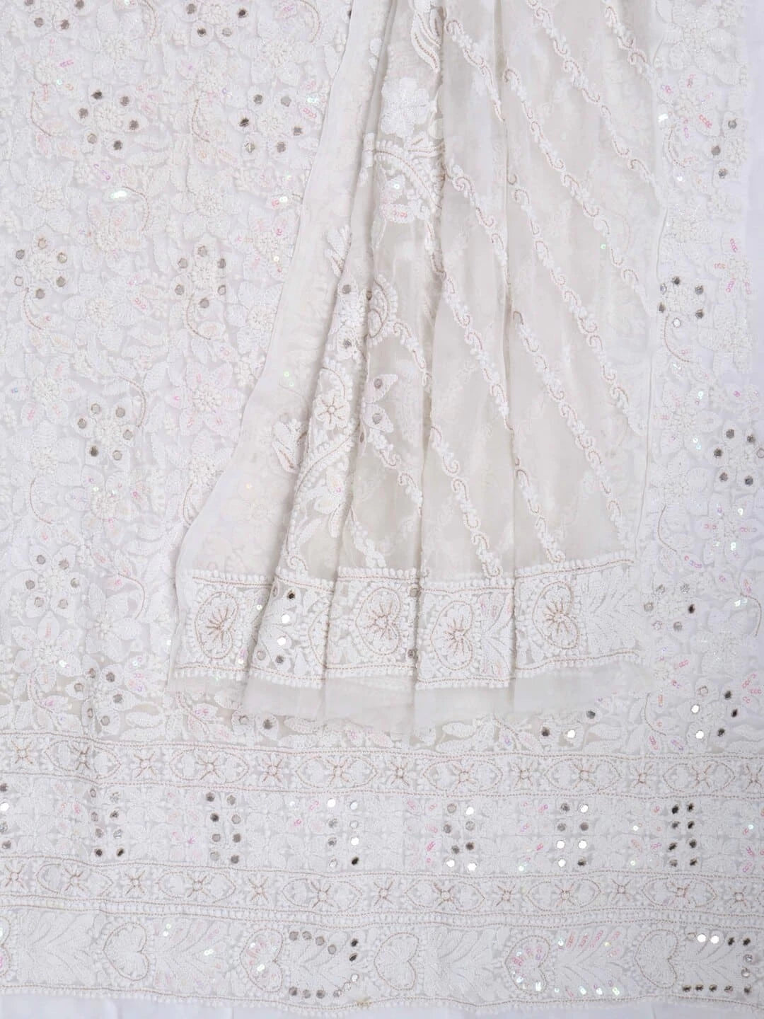 Ada Hand Embroidered White Georgette Lucknowi Chikankari Unstitched Kurta Dupatta Set With Sequinned Work 01A184257