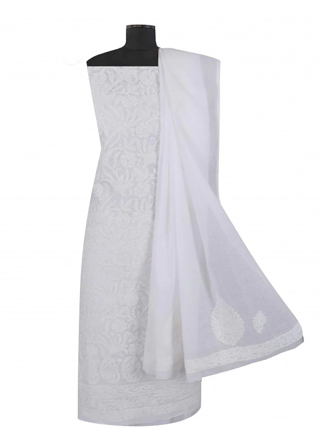 Ada Hand Embroidered White Kota Lucknowi Chikankari Unstitched Kurta Dupatta Set 01A213297