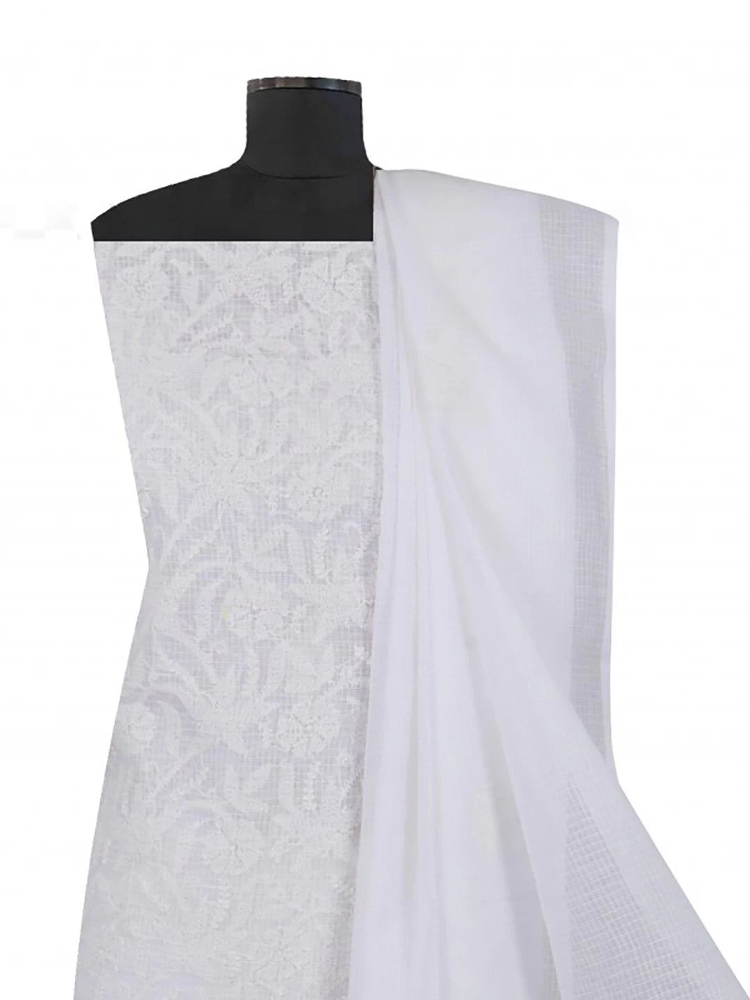 Ada Hand Embroidered White Kota Lucknowi Chikankari Unstitched Kurta Dupatta Set 01A213297