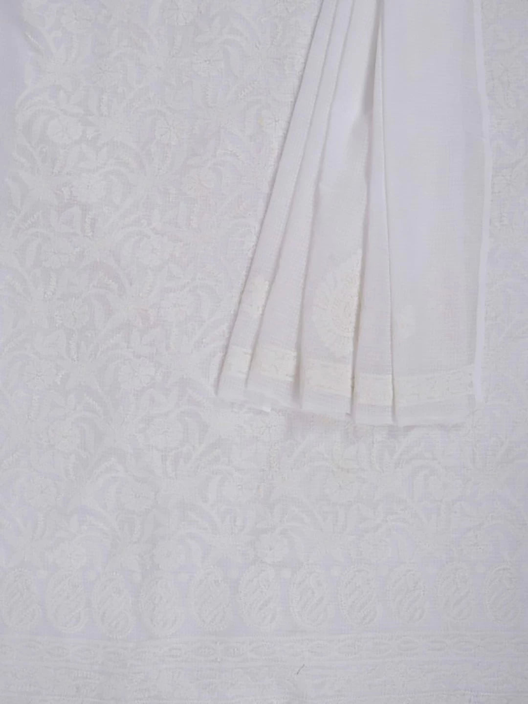 Ada Hand Embroidered White Kota Lucknowi Chikankari Unstitched Kurta Dupatta Set 01A213297