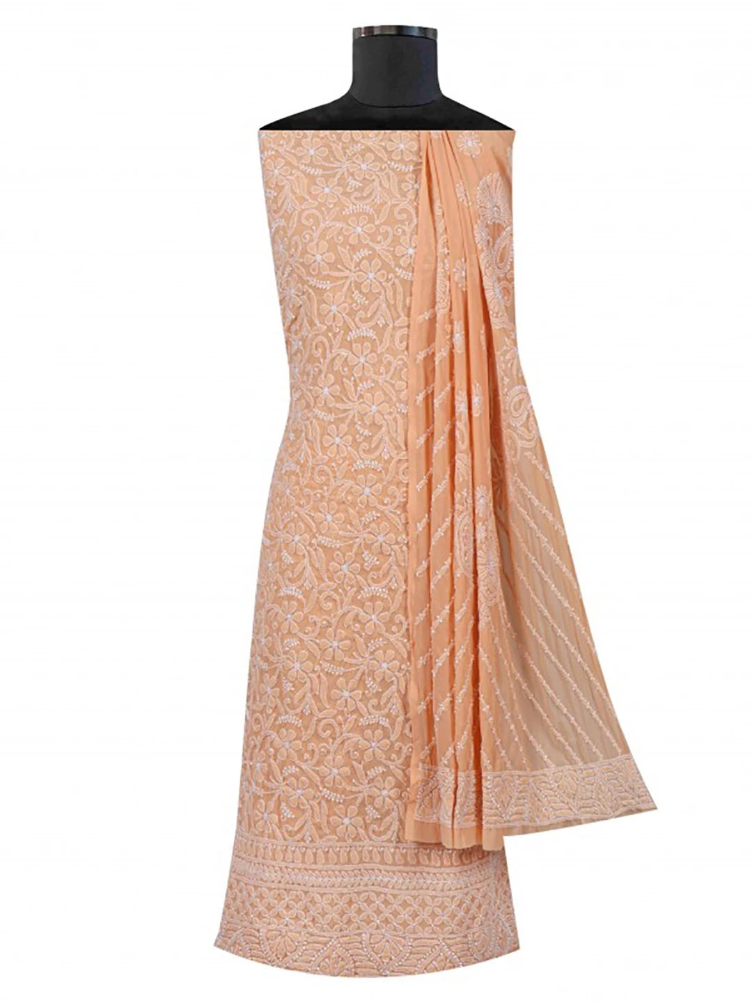 Ada Hand Embroidered Dark Fawn Georgette Lucknowi Chikankari Unstitched Kurta Dupatta Set 01A170188