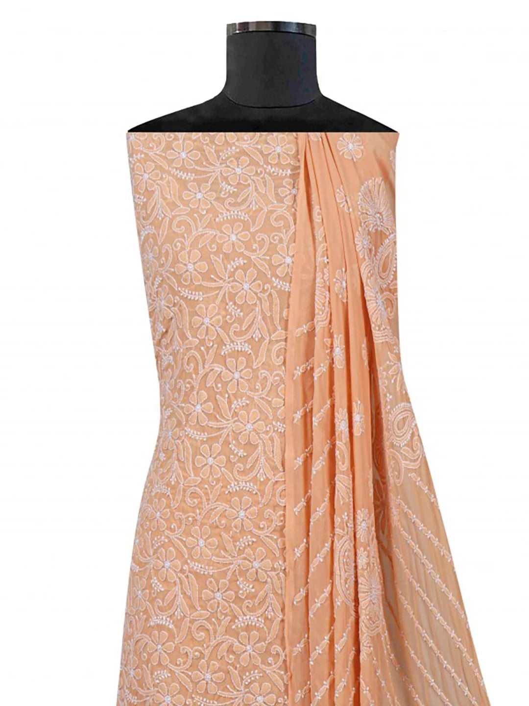 Ada Hand Embroidered Dark Fawn Georgette Lucknowi Chikankari Unstitched Kurta Dupatta Set 01A170188