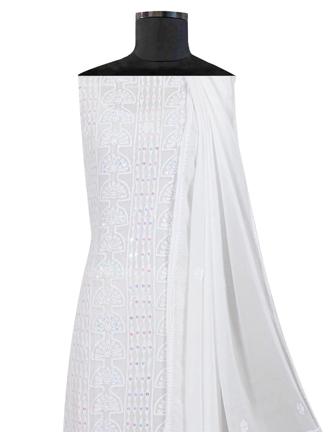 Ada Hand Embroidered White Georgette Lucknowi Chikankari Unstitched Kurta Dupatta Set With Zari Work 01A192313