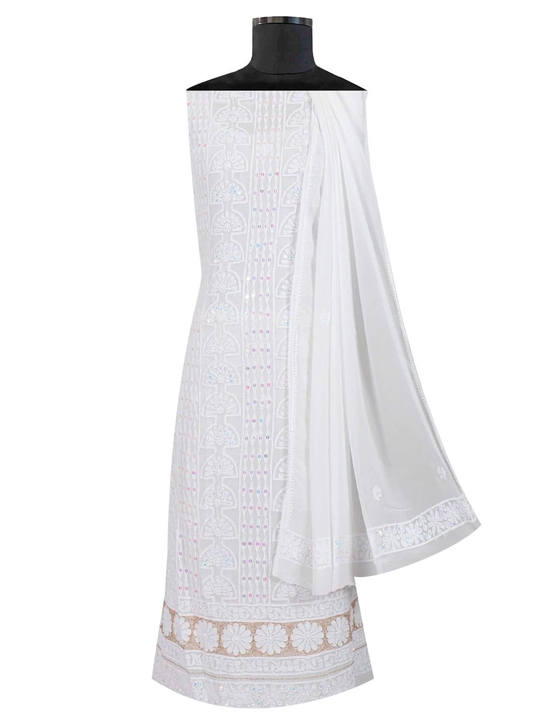 Ada Hand Embroidered White Georgette Lucknowi Chikankari Unstitched Kurta Dupatta Set With Zari Work 01A192313