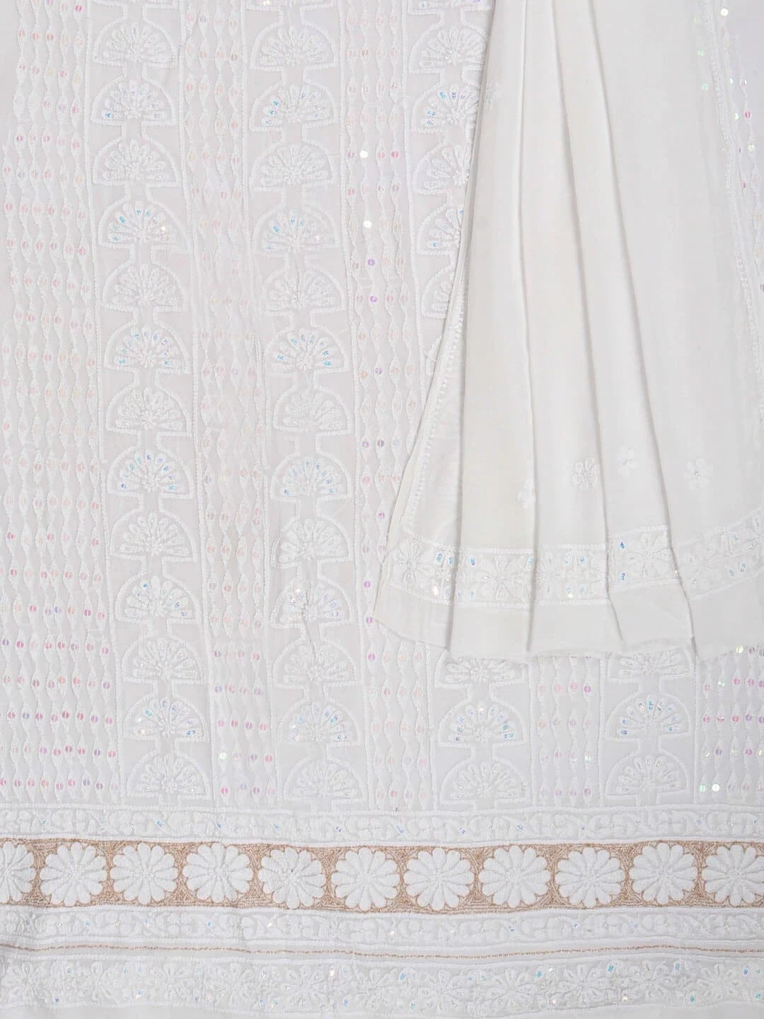 Ada Hand Embroidered White Georgette Lucknowi Chikankari Unstitched Kurta Dupatta Set With Zari Work 01A192313