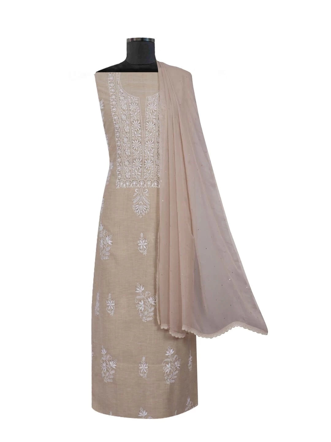 Ada Hand Embroidered Fawn Khadi Lucknowi Chikankari Unstitched Kurta Dupatta Set with Muqaish Work 01A174782